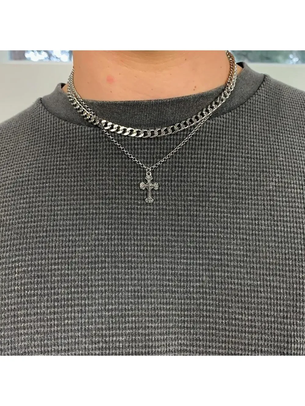 Y2k 2000s style Stainless Steel Double layer silver chrome cross chain grunge